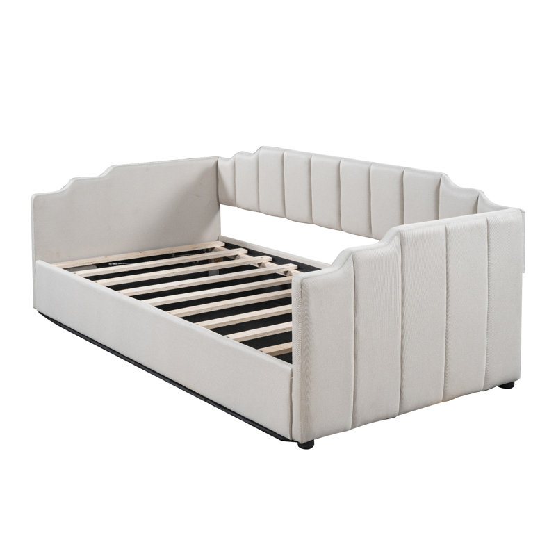 Lit de jour rembourré avec rangement inférieur, taille double, beige, Beige, Lit simple