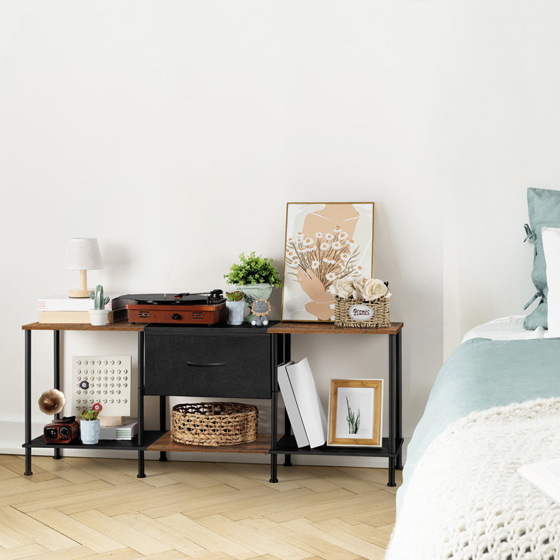 Meuble télé avec tiroir en tissu, structure en bois rustique et en métal noir, console de divertissement moderne