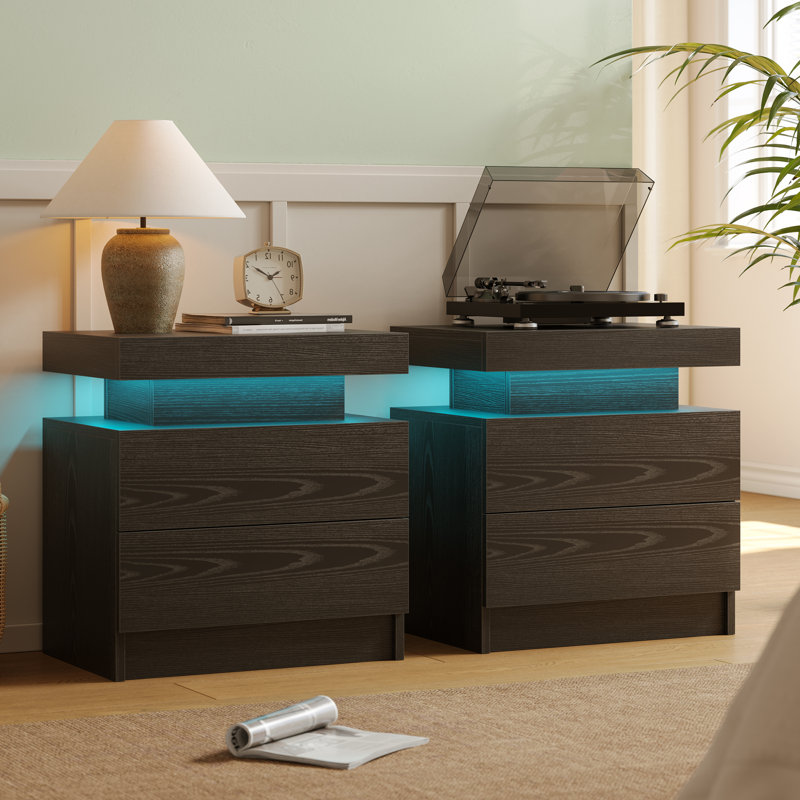 Table de chevet à DEL avec 2 tiroirs - Small Space Solutions, Bois noir