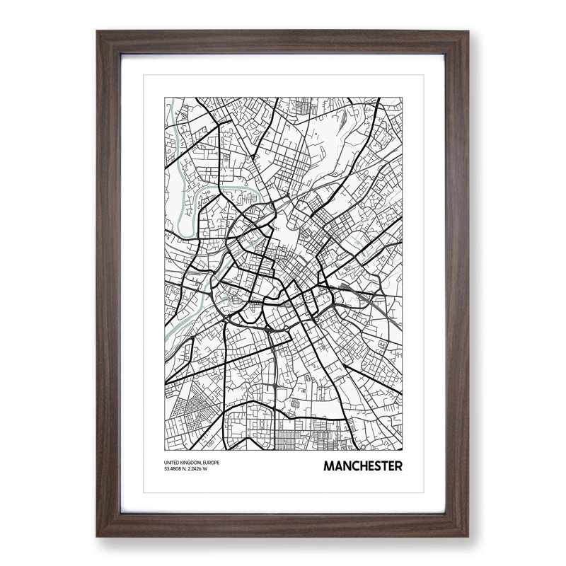 Map Manchester UK - Picture Frame Graphic Art, Walnut, 48cm H x 36cm W x 2cm D