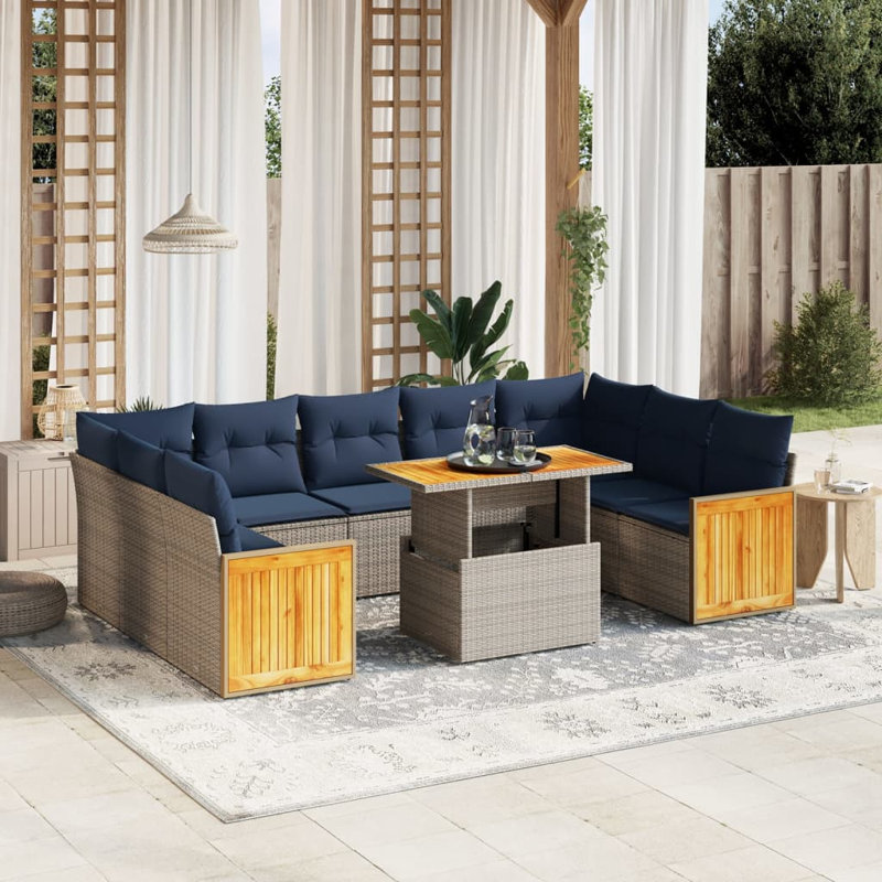  Ensemble de canapé de patio 10 pièces avec coussins en rotin de polyester, Gris, Bleu