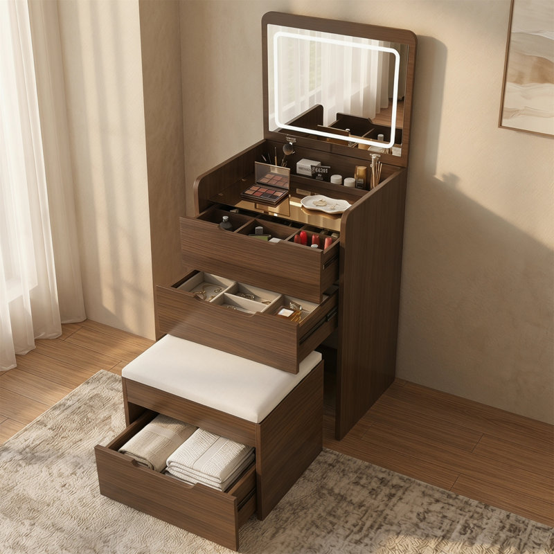Ensemble de coiffeuse rabattable avec miroir DEL, plateau en verre trempé, tabouret de rangement, 3 lumières à intensité variable, blanc