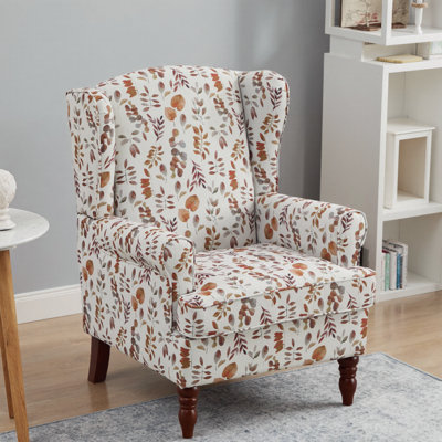 Modern Floral Accent Chair with Retro Wood Legs – Elegant Upholstered Armchair for Cozy Living Spaces