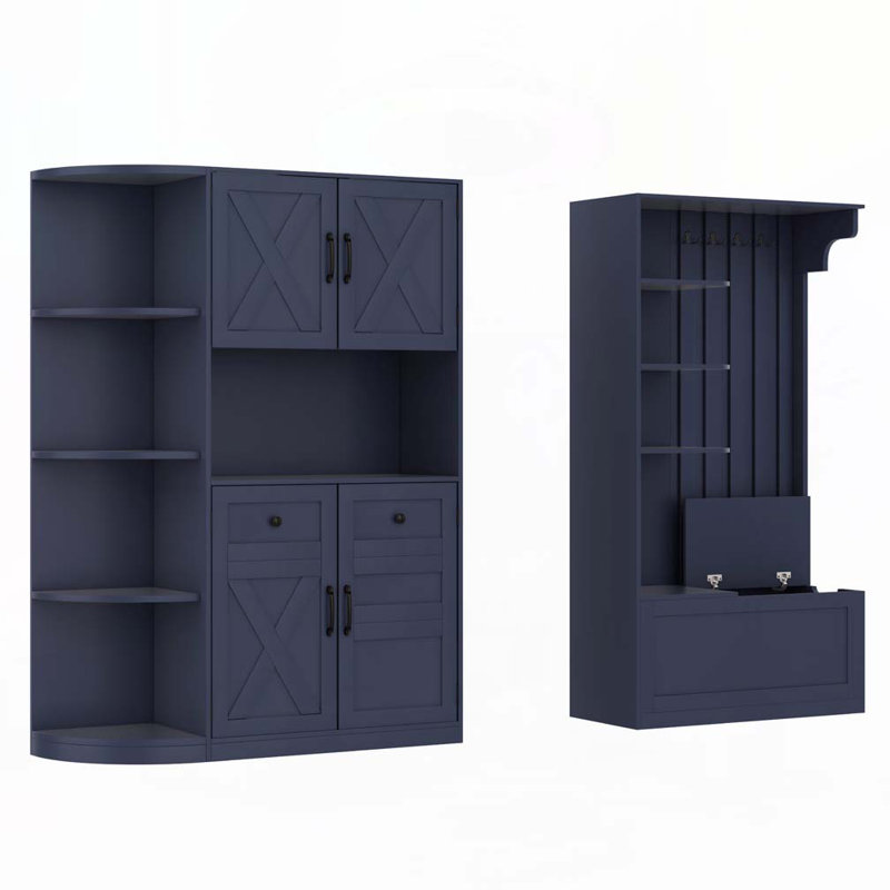 Hall Tree with storage and 4 hooks, storage cabinet, Antique Blue