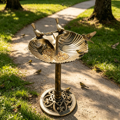 17 po x 12 po x 30 po, bain d'oiseaux à base de résine bronze antique avec fontaine solaire de 1,4 W, équipé de deux statues d'oiseaux, mangeoire d'oiseaux extérieure indépendante, utilisée pour la décoration de jardin, de cour et de cour.