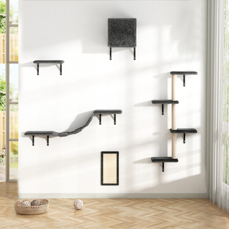 Ensemble d'arbre à chat mural 5 niveaux à 5 niveaux avec planche à gratter, condo, perchoirs, pont pour chats d'intérieur