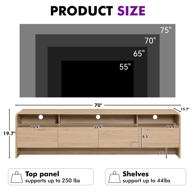 Dulane 70'' Modern TV Stand with Open Shelf&Large Storage Space for TVs up to 75'',Natural, Natural