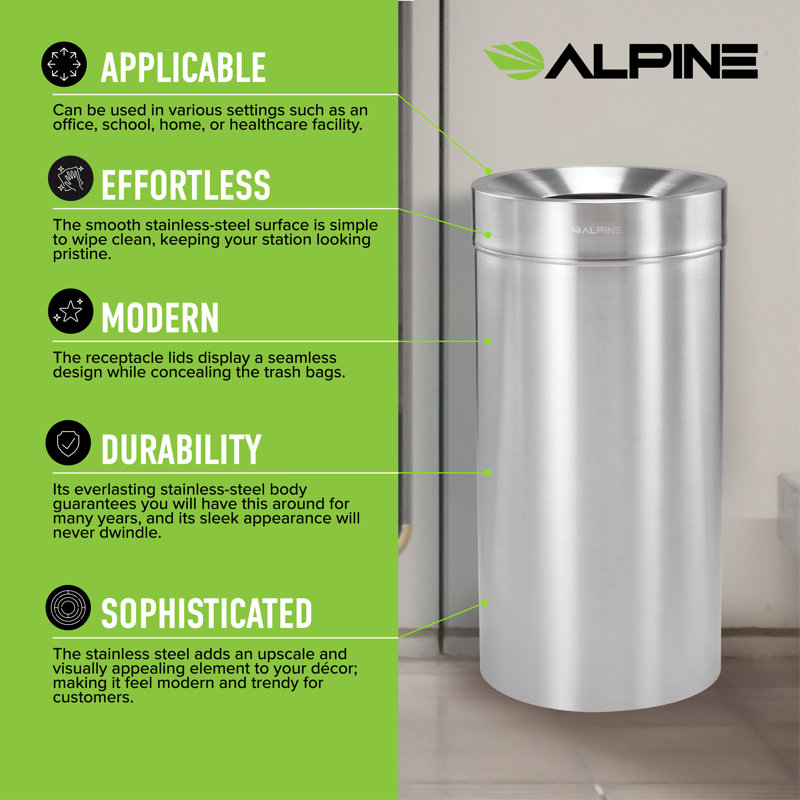 27 Gallon Stainless Steel Commercial Indoor Trash Can with Open Lid