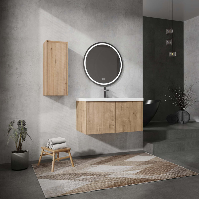 Meuble-lavabo mural avec lavabo et armoire latérale, portes à fermeture douce, armoire combinée
