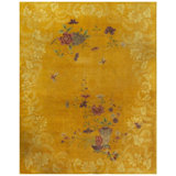 1920s Antique Yellow Field Flowers Border Knotted Chinese Art Deco Carpet Rug 8'0" x 11'0" Area Rug