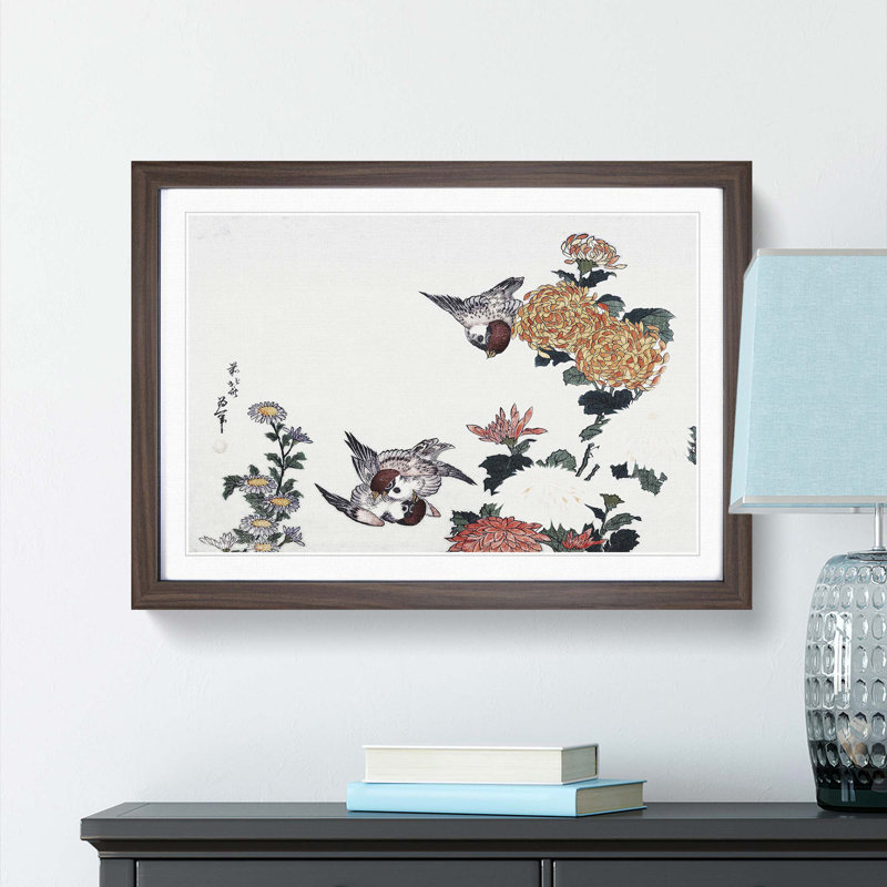 Sparrows and Chrysanthemums by Katsushika Hokusai - Picture Frame Painting Print, Walnut Framed, 27cm H x 36cm W x 2cm D