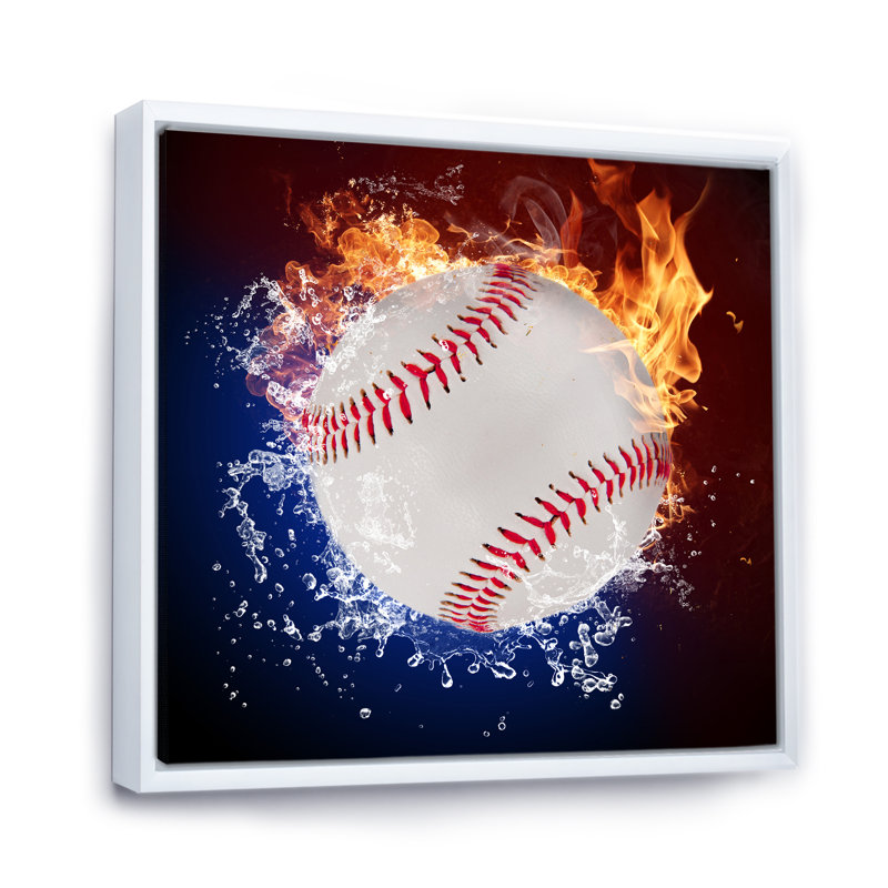 Baseball Ball In Fire Flames - on, H 30 po x l 30 po x P 1 po, Toile encadrée flottée blanche