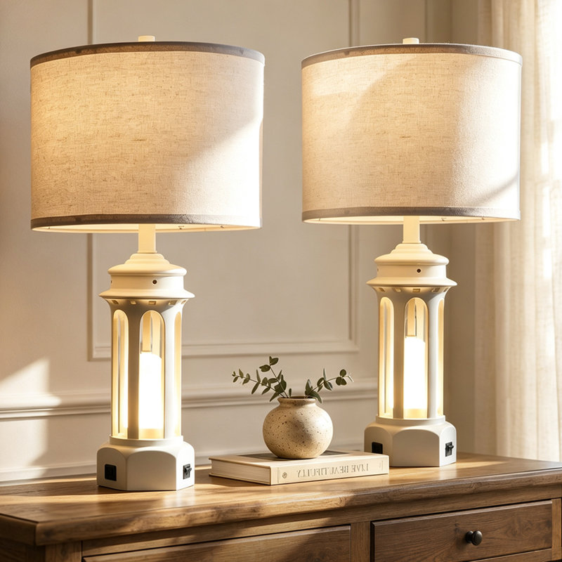 Ensemble de lampes de table de style lanterne de ferme 26 po avec veilleuse, charge USB et ampoules DEL incluses (ensemble de 2)