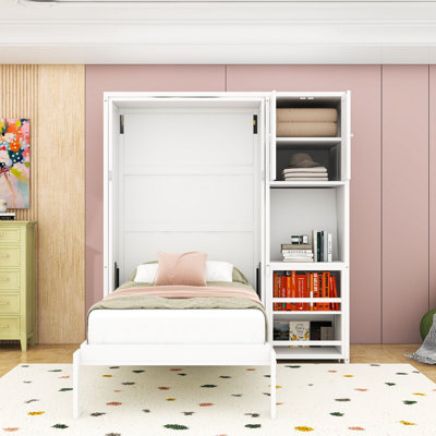 Twin Murphy Wall Bed with Top Cabinet, Extendable Desk and Shelves