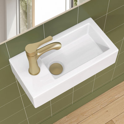 Small Bathroom Sink, 15"X7" Mini Rectangle Wall Mount Vessel Sink For Bathroom Powder Room Cloakroom, Floating Space Saving Design, Easy To Clean White Ceramic Wash Basin (Left Hand)﻿