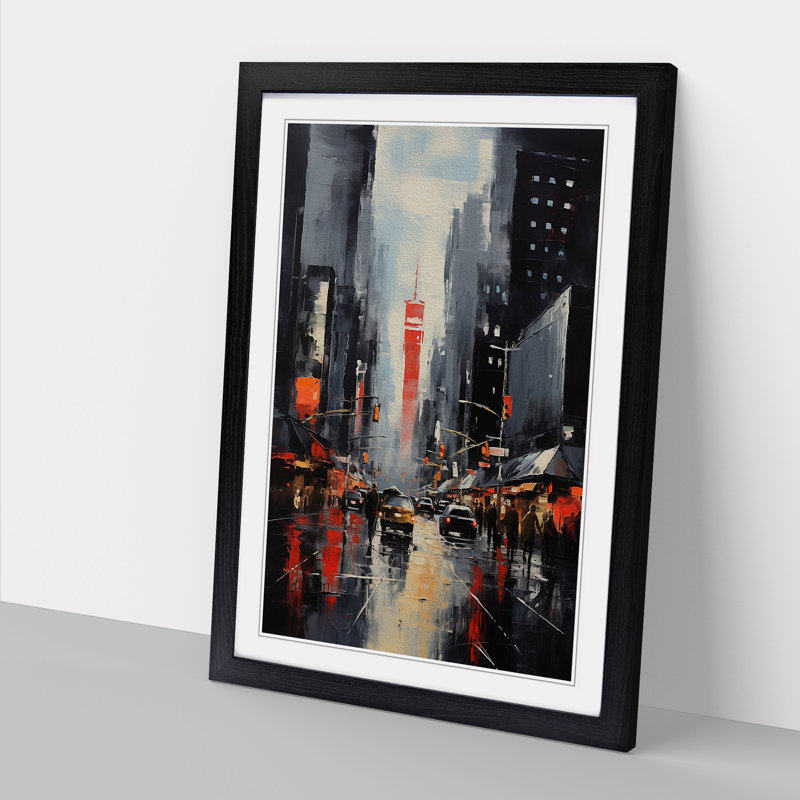 New York Gestural - Single Picture Frame Print on Wood, Black, 46cm H x 34cm W x 2cm D