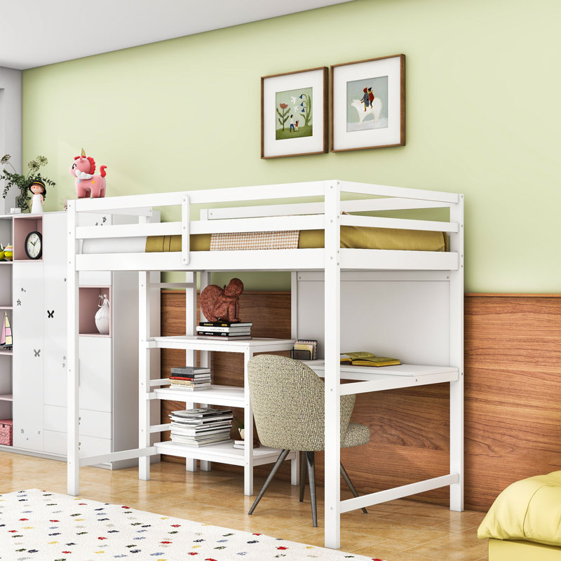 Wooden Twin Loft Bed With Shelves, Built-In Desk, Writing Board And Guardrails, White