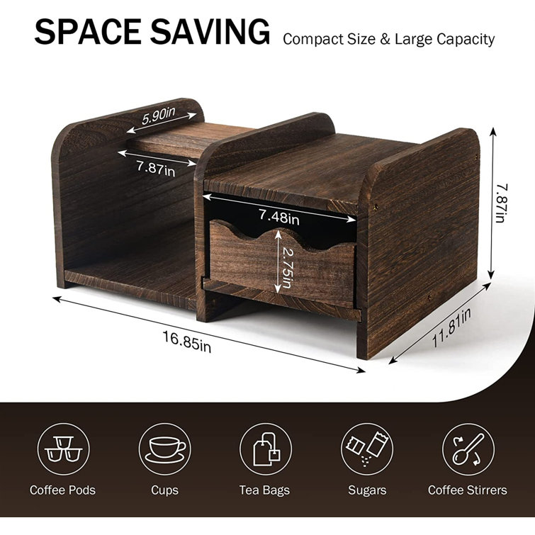 Oulhand Coffee Station Organizer with Drawer, Wooden Coffee Bar Accessories and Organizer for Countertop, 48 Large Capacity Coffee Pods Storage Organi