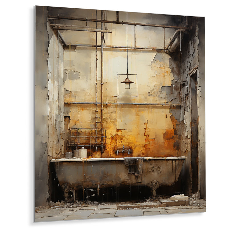 «Gray Industrial Minimalist Bath II» - Art mural en métal pour salle de bain, H 40 po x l 30 po x P 1,5 po
