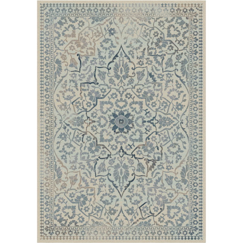 Tapis floral crème / bleu clair, Rectangle 4 pi x 5 pi 7 po