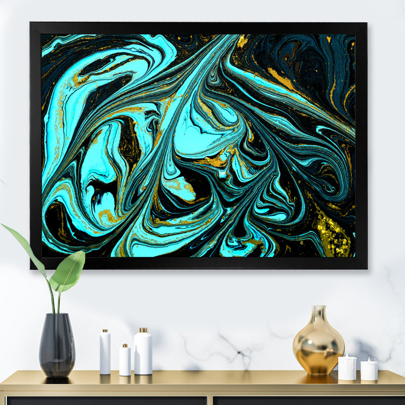 Art abstrait marbré turquoise abstrait - décoration murale moderne en toile, H 30 po x l 40 po x P 1,5 po, Cadre photo noir