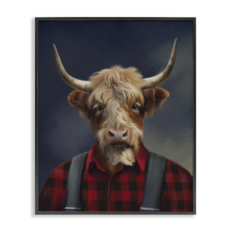 Highland Cow Outdoorman, giclée encadrée, design par Matthew Piotrowicz, H 14 po x l 11 po, Giclée encadrée noir minuit