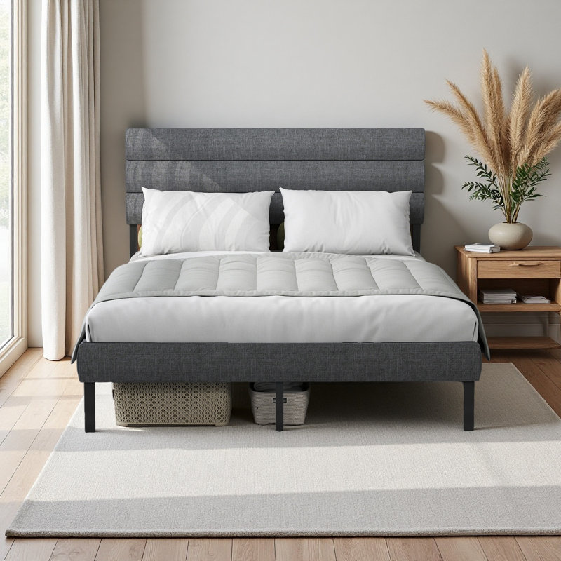 Upholstered Platform Bed Frame - With Headboard, No Box Spring Needed, 14'' Underbed Storage, Full, Gray