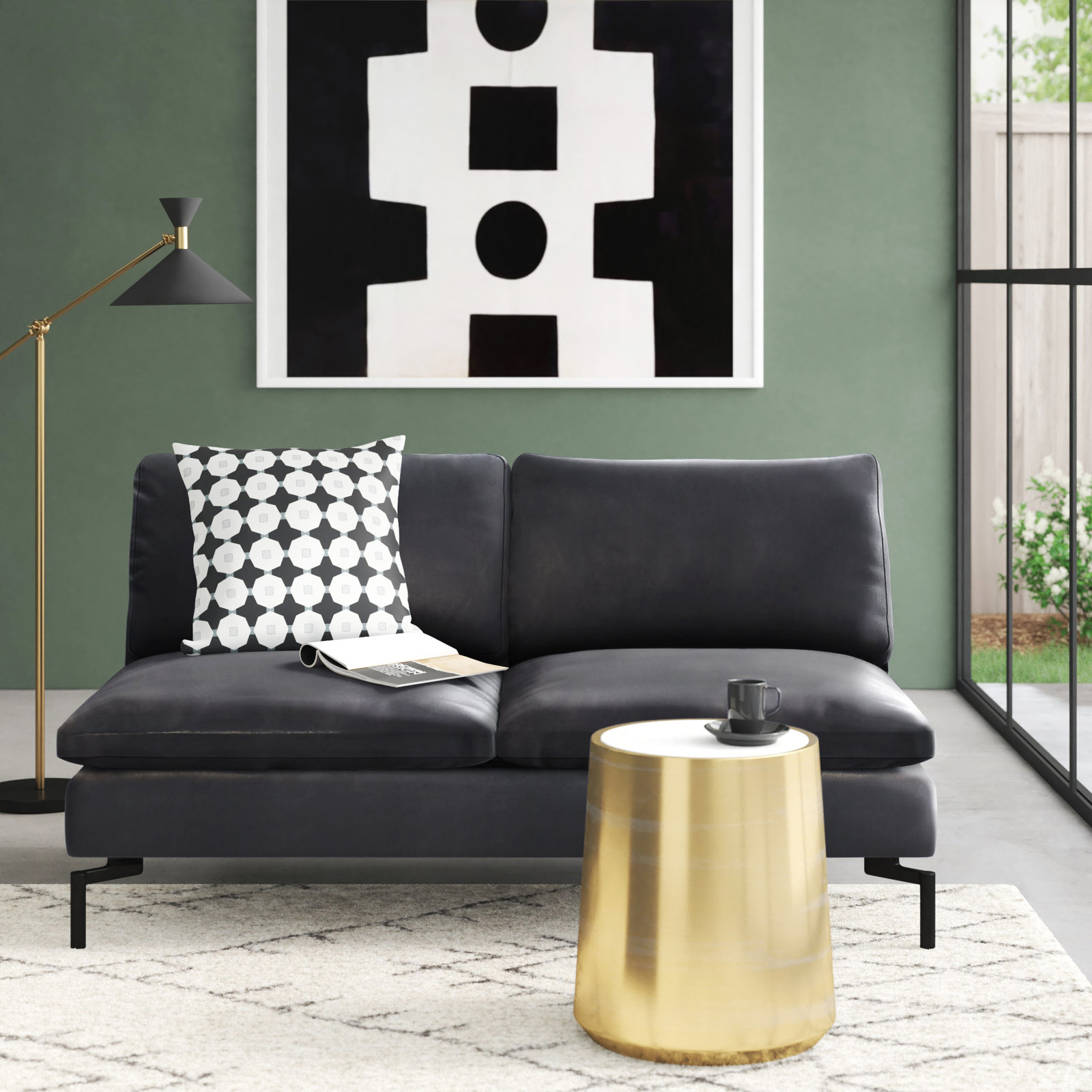 New Standard 60'' Upholstered Loveseat, Granite Genuine Leather, Black