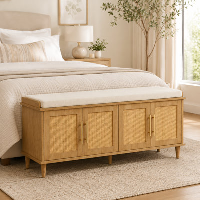 Rattan Shoe Storage Bench with Cushion, Adjustable Shelves & 4 Doors for Entryway, Bedroom, Hallway