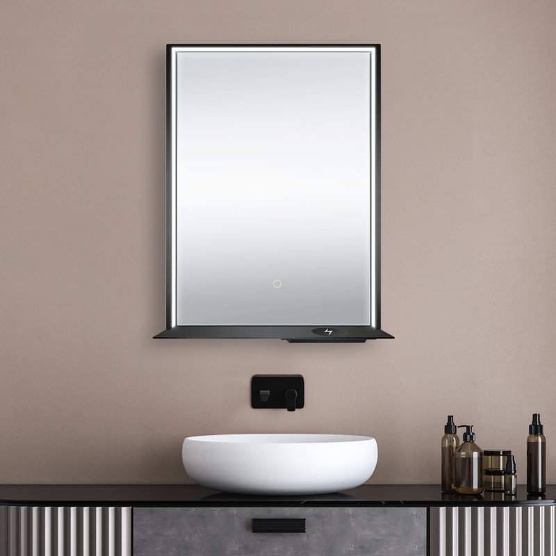 24" W x 32" H Matte Black Framed LED Mirror with Bluetooth Speaker and Integrated Cell Phone Charger