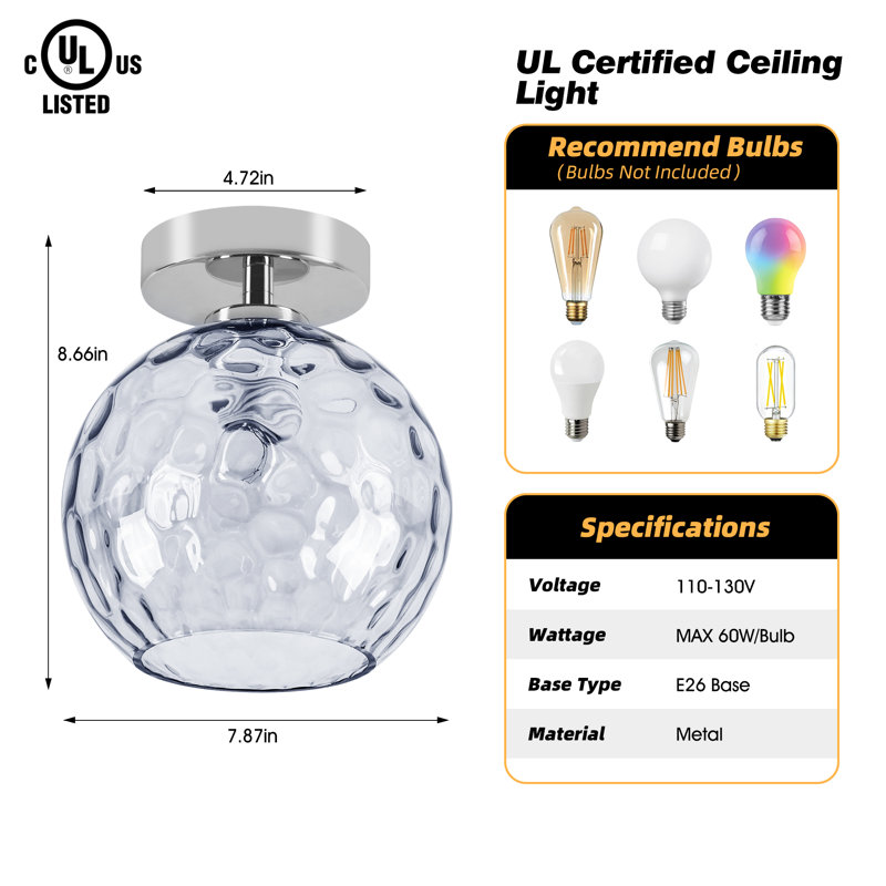 8 in. Modern Semi Flush Mount Ceiling Light with Hammered Glass Shade for Kitchen, Bedroom, Living Room, Hallway