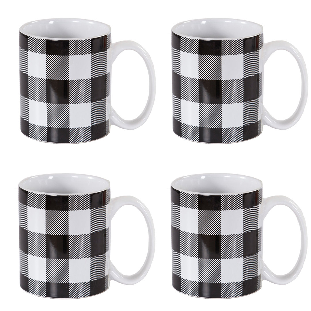 Camille Black White Buffalo Check Print Chic Casual Western Modern Rustic Mug Set (Set of 4) HiEnd Accents