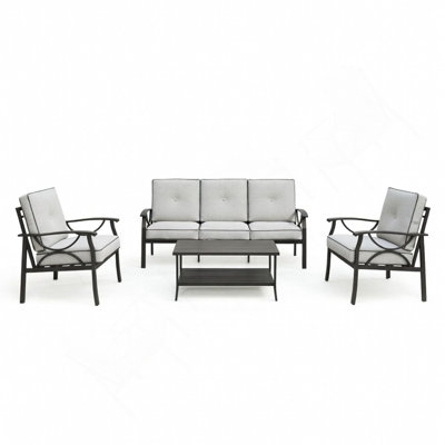 4-Piece Metal Patio Furniture Set, 5-Seat All-Weather Conversation Sofa With 4 Inches Thick Cushions,Coffee Table For Porch Backyard Garden