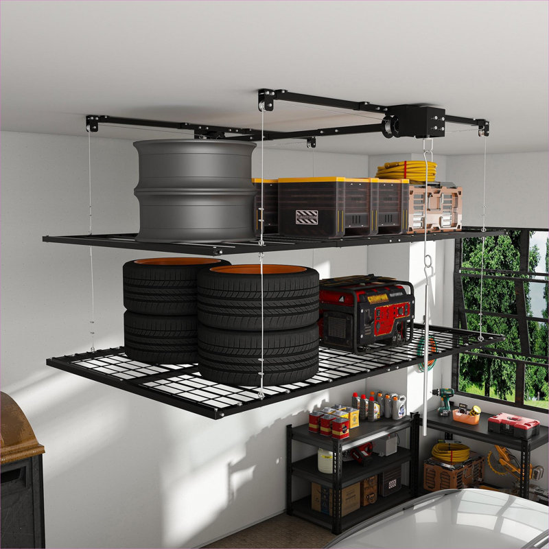 Support de garage pour le garage, élégant support double couche en acier au carbone noir 4 x 8 pi avec une capacité de 650 lb pour des plafonds de 10 à 12 pi de hauteur