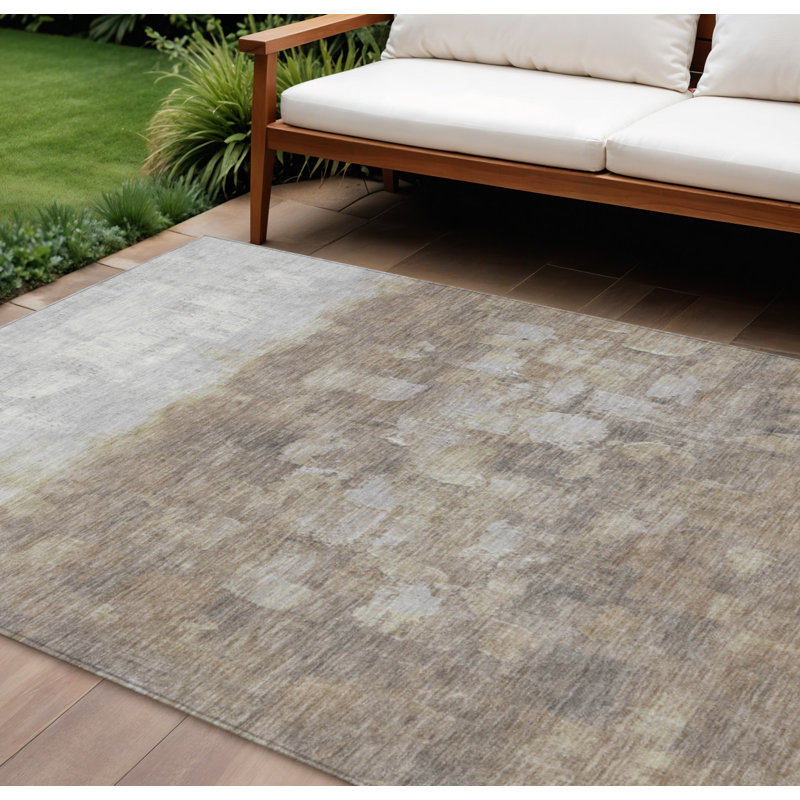 Taupe And Silver Abstract Washable Indoor Outdoor Area Rug, Rectangle 8' x 10'