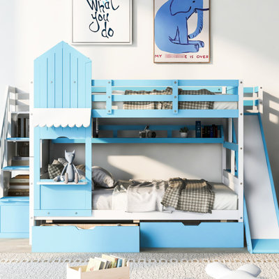 Lit superposé avec glissade en bleu - 2 tiroirs, 3 tablettes, bois massif pour plus de 6 tiroirs et tablettes. Pin. Conception amusante. Pendant 6 ans. Capacité de poids de 400 lb Pas de sommier ni de matelas. L 106,3 po x l 76,6 po x H 72,8 po