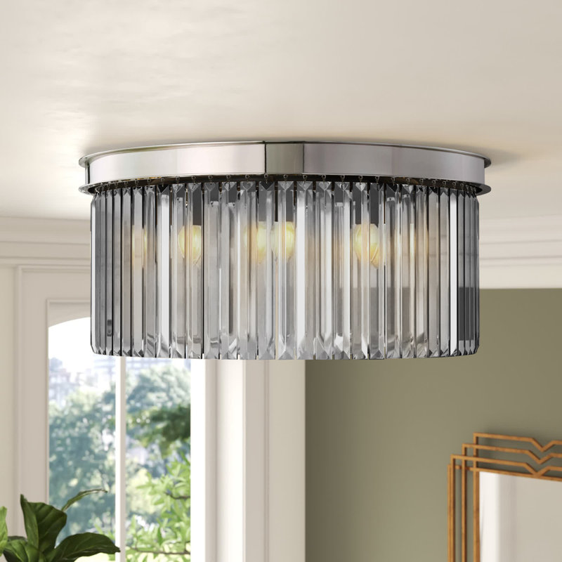 Yazmin Crystal Flush Mount, Polished Nickel, Smoky