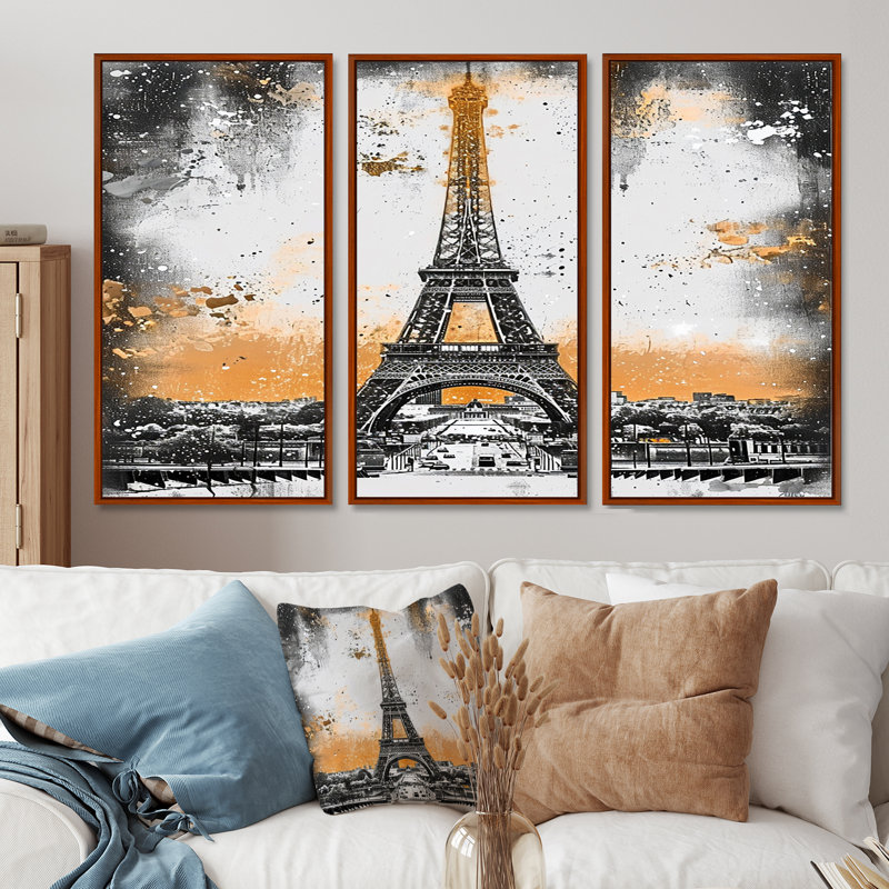 Eiffel Tower In Monochrome Gold - City Paris Wall Art Print Set, 40" H x 60" W x 1" D, Brown Floater Framed