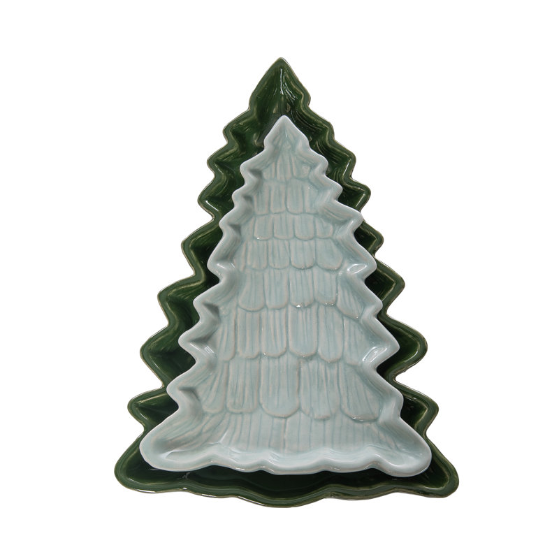 Dolomite Tree Nesting Plates Set of 2, Green, Ceramic, Table, Kitchen, Christmas, Tabletop