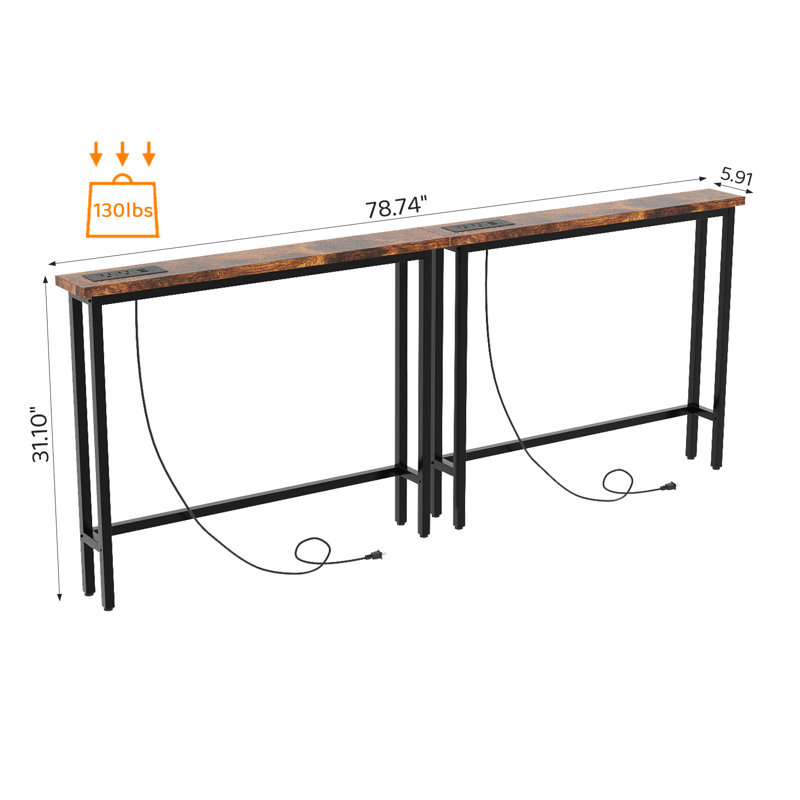 Console étroite 78,34 po avec station de charge, canapé d'entrée industriel rustique pour couloir