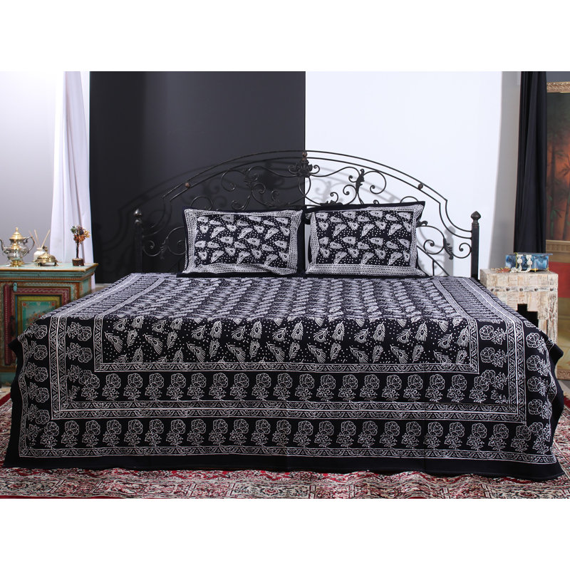 Black Peacock Feather Batik Cotton Queen Size Bedsheet Set – Mandala Boho Print with 2 Pillow Covers, Indian Bedding