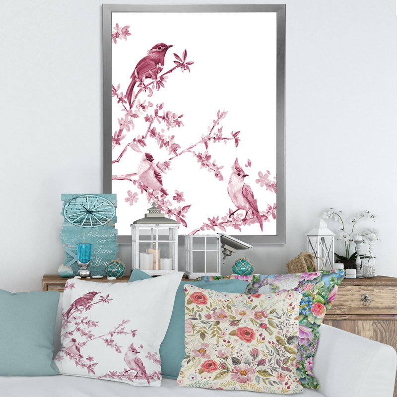 Beautiful Pink Birds - Peinture sur toile encadrée, H 40 po x l 30 po x 1,5 po, Encadrement argenté