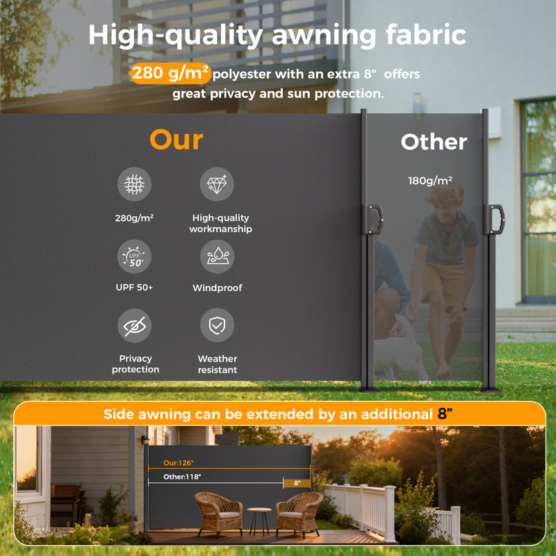 Auvent latéral rétractable HOMEDEMO de 126 po x 78 po avec protection d'écran d'intimité, abat-jour extérieur extensible gris carbone résistant à l'eau et aux rayons UV pour les patios, balcons et jardins