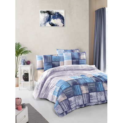 Premium 100% Cotton Ranforce Double Quilt Cover Set, Blue & Dark Blue with Beige Accents | Duvet Cover 78.7 x 78.7 inches, 2 Pillowcases 19.7 x 31.5 inches | 145 Thread Count, Machine Washable, Elegant Design