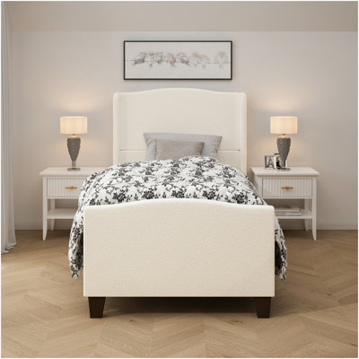 Queen Size Bed Frame With 49.21"High Back Upholstered Headboard And 27.17" High Footboard,12 Slat Support, Wood Feet,No Box Spring Needed(White)