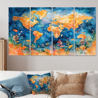Orange Blue World Map - World Map Wall Art Living Room Set