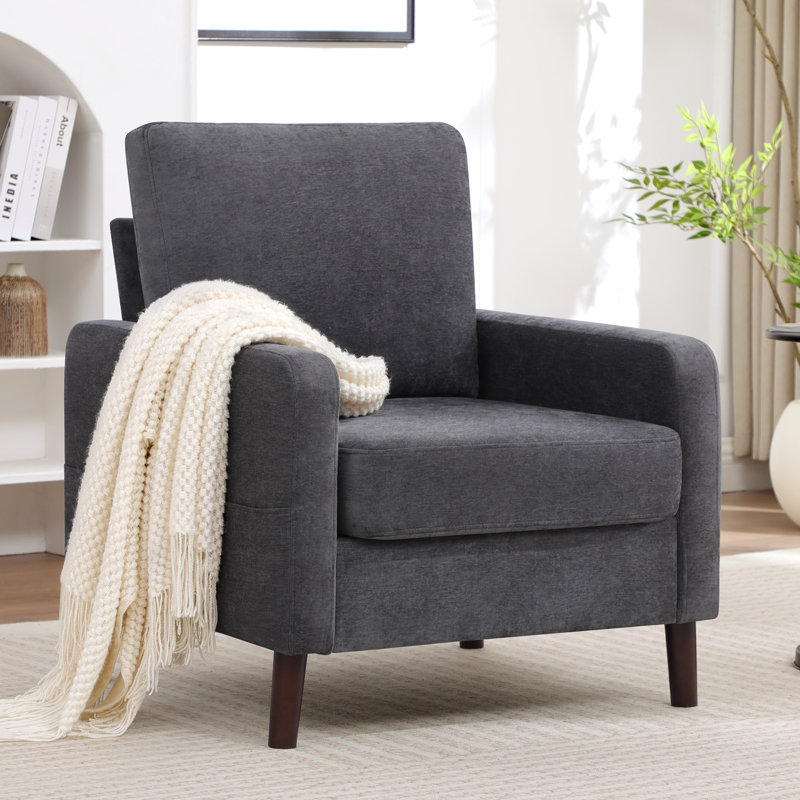 Stylish Upholstered Fabric Accent Chair with Sturdy Solid Wood Legs, Dark Gray