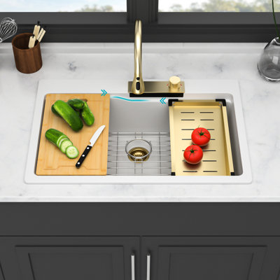 33"x22" Kitchen Sink - White Quartz Composite With Waterfall Feature & Pull-out Faucet For Workstation And Assorted Accessory Combos 33x22" Charm, Aggregations