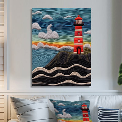 Red Lighthouse On The Rock Blue Sky Embroidery - Lighthouses Wall Art Print