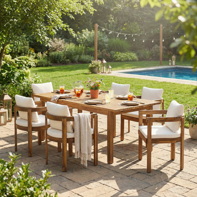 Ensemble de salle à manger 7 pièces en bois d'acacia avec coussins, 6 chaises modernes et 1 grande table pour la pelouse, la cour arrière, la terrasse du jardin, le bord de la piscine